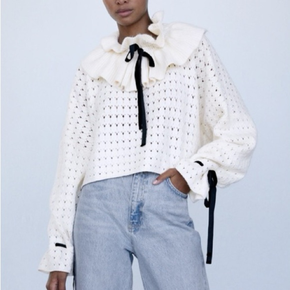 NWT ZARA Bloggers Fav Cream Alpaca Blend Ruffle Collar Bishop Sleeve Sweater M - Picture 5 of 11
